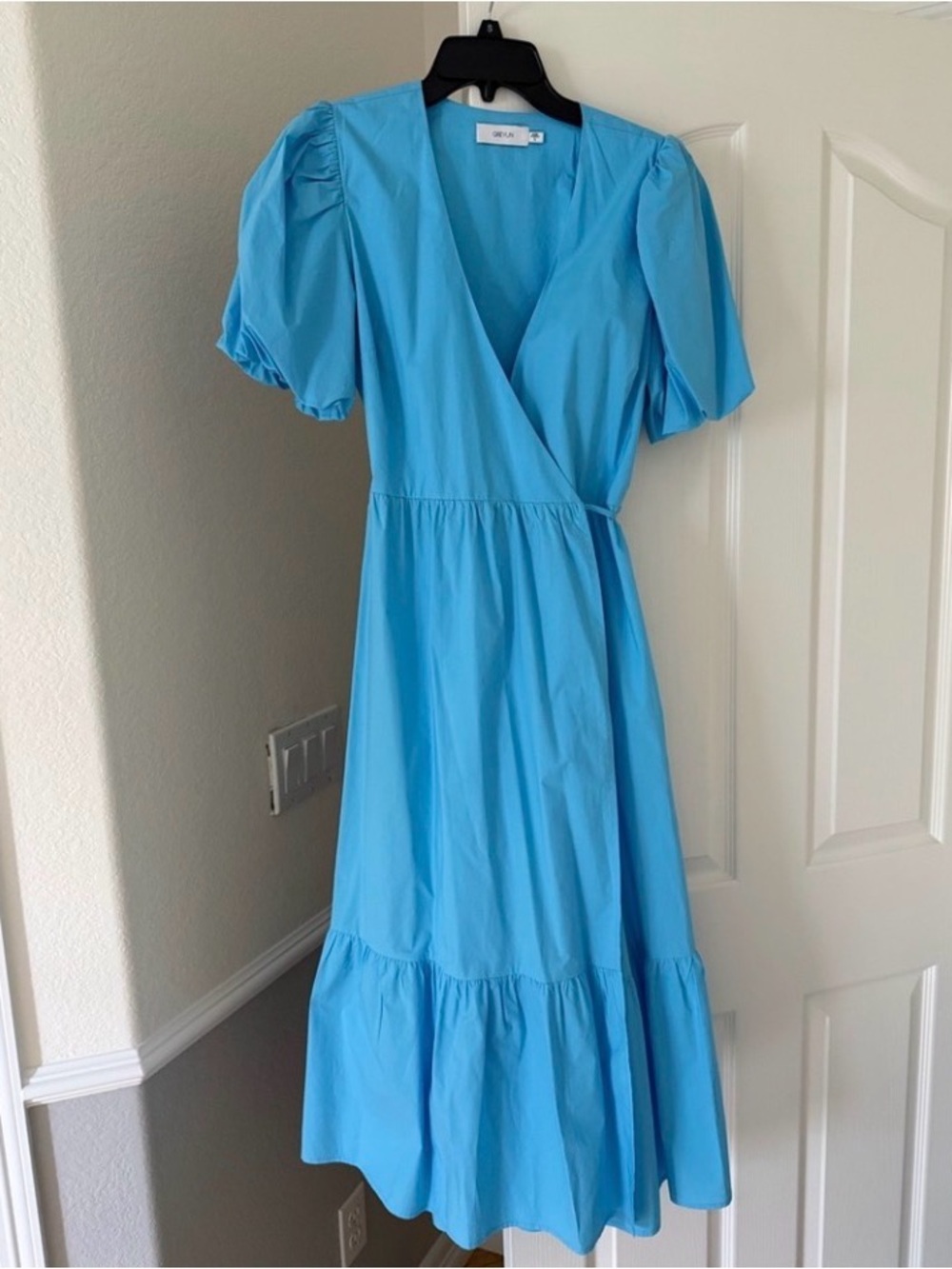 Greylin Bright Blue Wrap Maxi Dress with Puff Sleeves